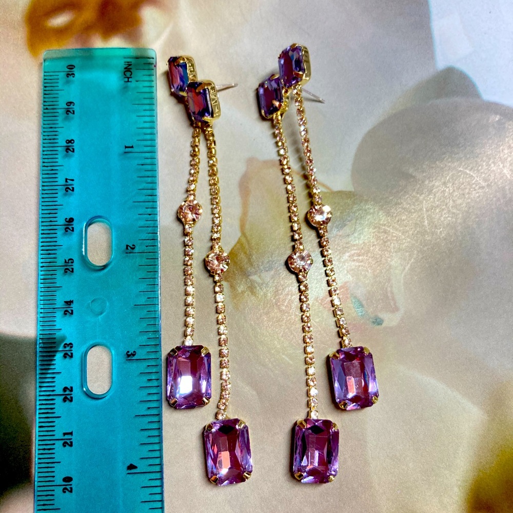 Long Crystal Purple Rhinestone Earrings - Picture 5 of 5